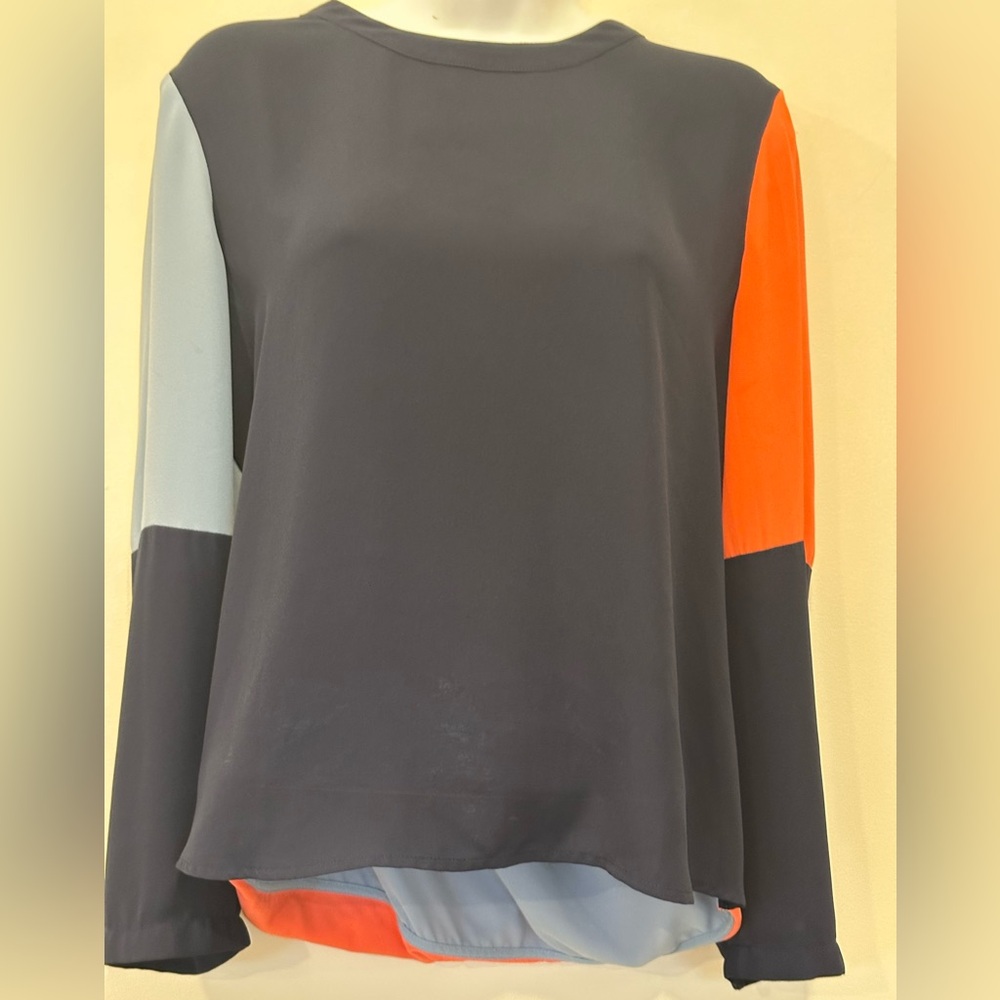 BCBG Max Azria - Navy, Blue & Red Colorblocked "Donella" Blouse_Draped Back. M